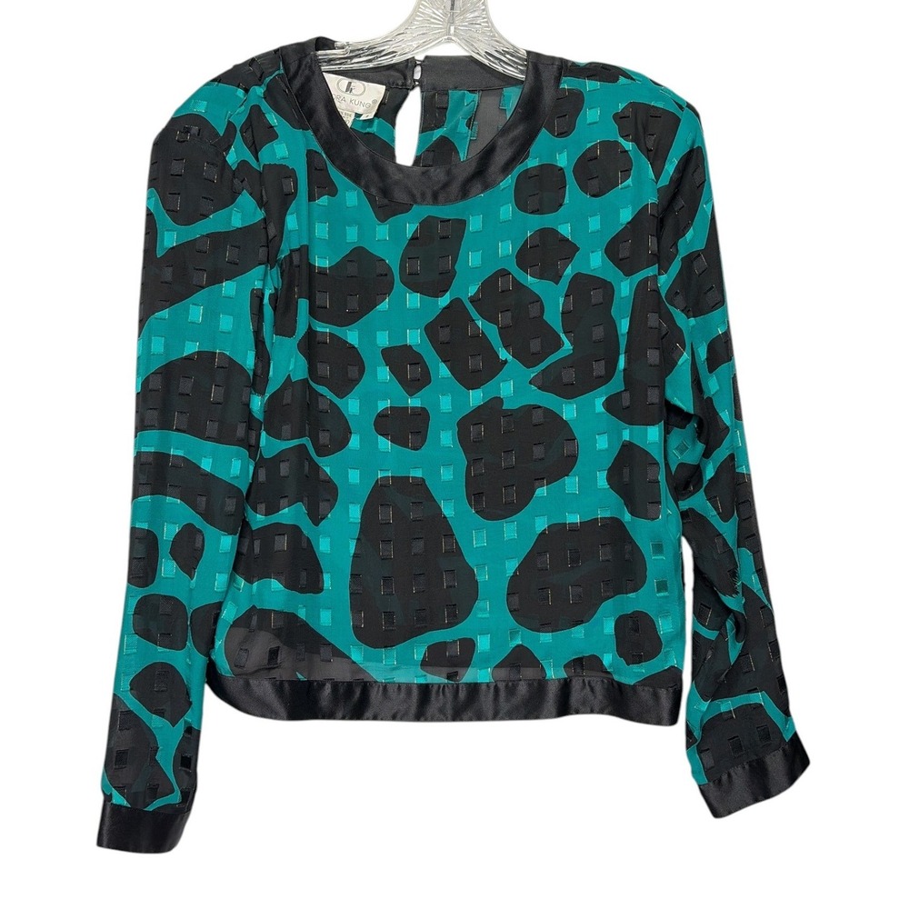 Flora Kung Vintage 100% Silk Blouse Teal Black Abstract Print Size 8